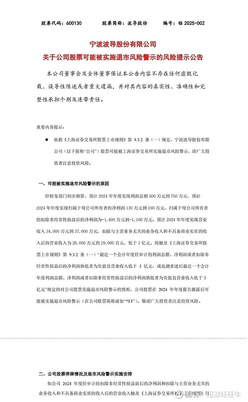 波导股份：将于4月30日起实施退市风险警示