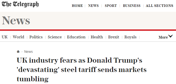 特朗普表示将把钢铁和铝关税提高至50%