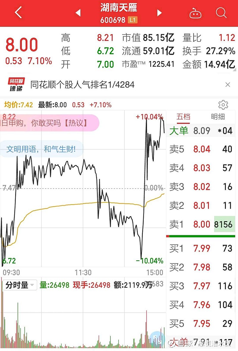 湖南天雁录得6天4板
