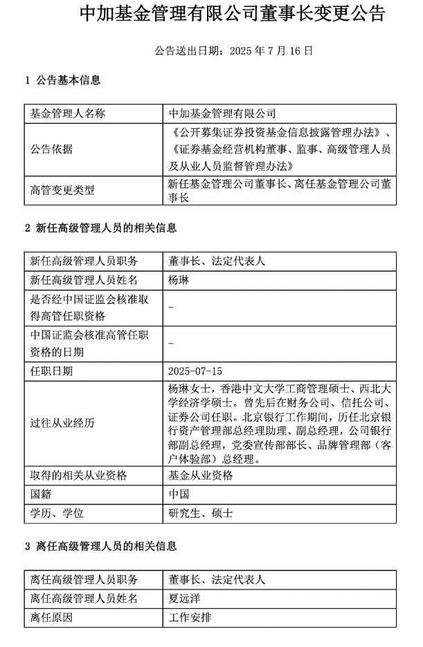 中加基金董事长夏远洋离任，股东行派员接替